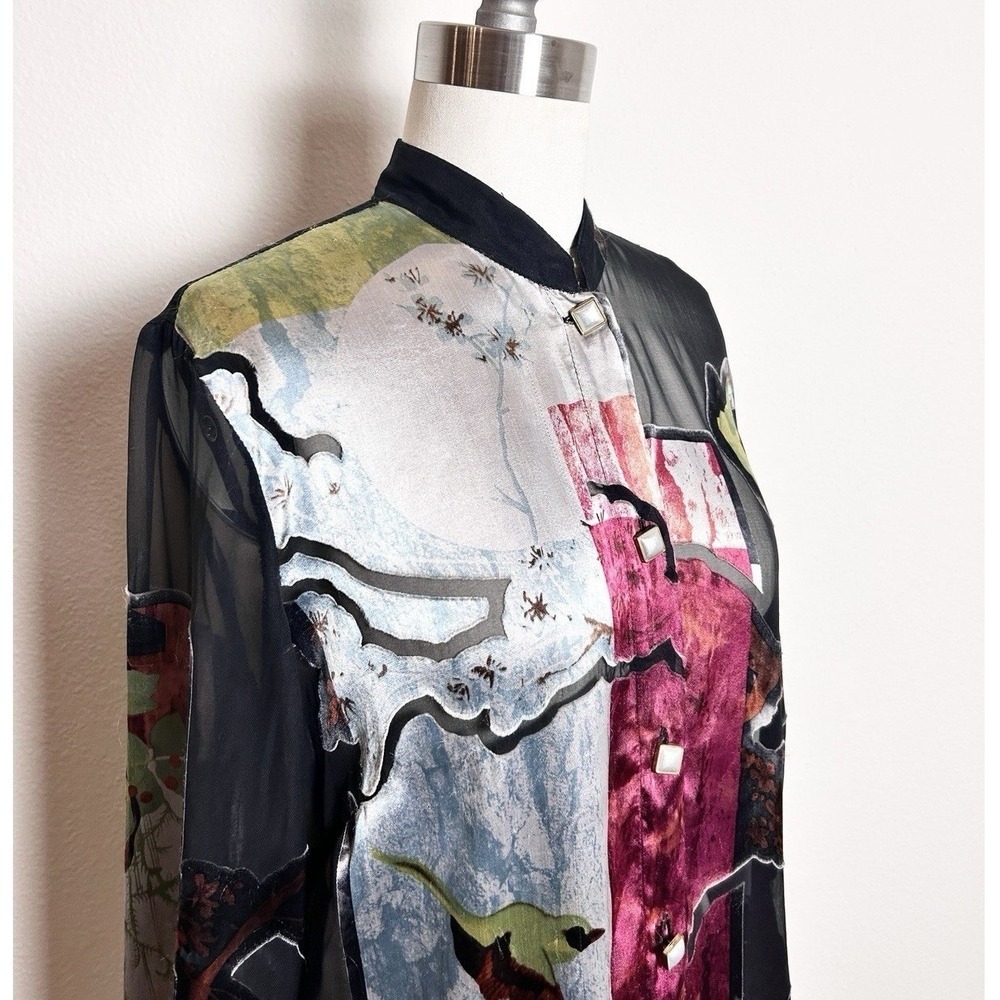 Citron Santa Monica Silk Blend Abstract Floral Bird Blouse Black Medium Art Wear